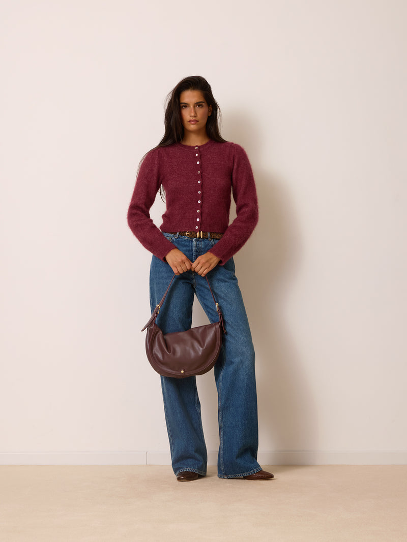 ABELINA bordeaux long-sleeve cardigan, back view by Rouje