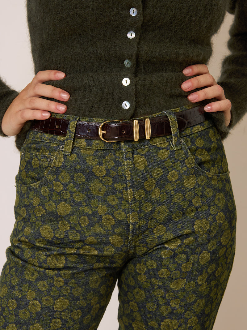 SOUPIR chocolate croc-effect wide leather belt, detail by Rouje
