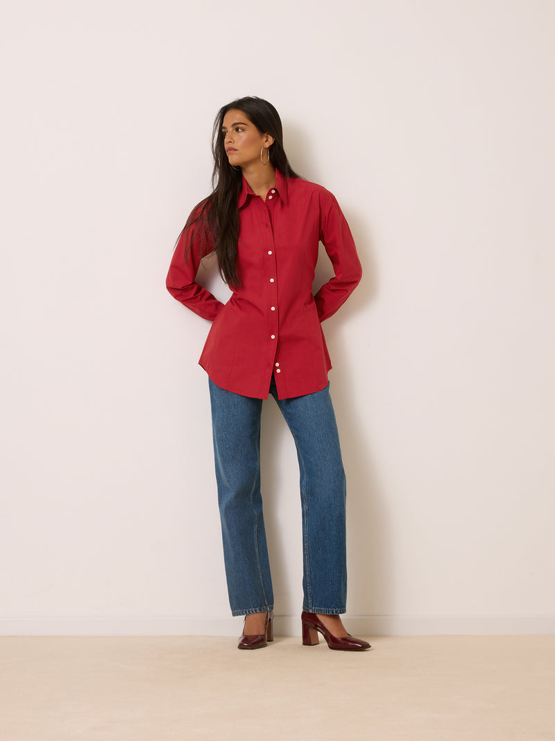 AUREL raspberry shirt worn on a model by Rouje