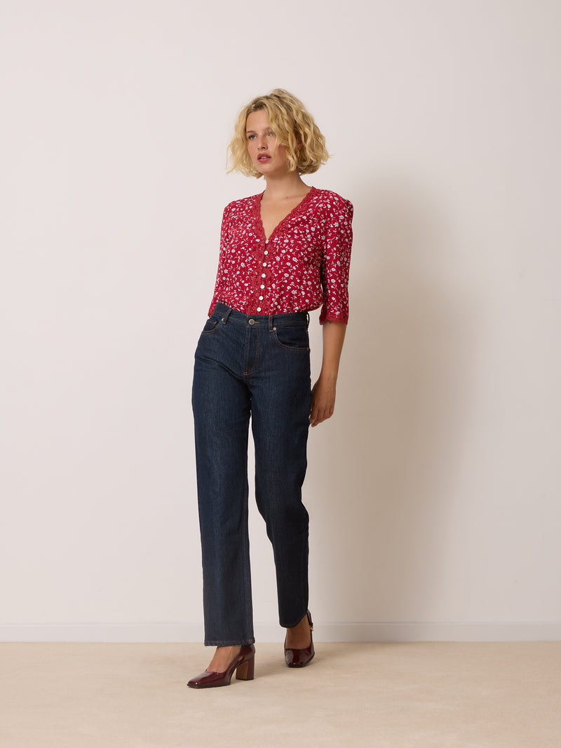 BOTZARIS raw denim straight jeans, back view by Rouje