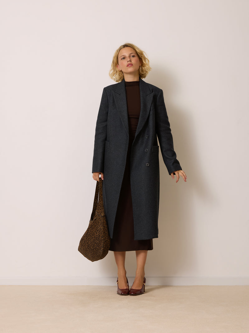 MARCELLO anthracite wool coat worn on a model by Rouje