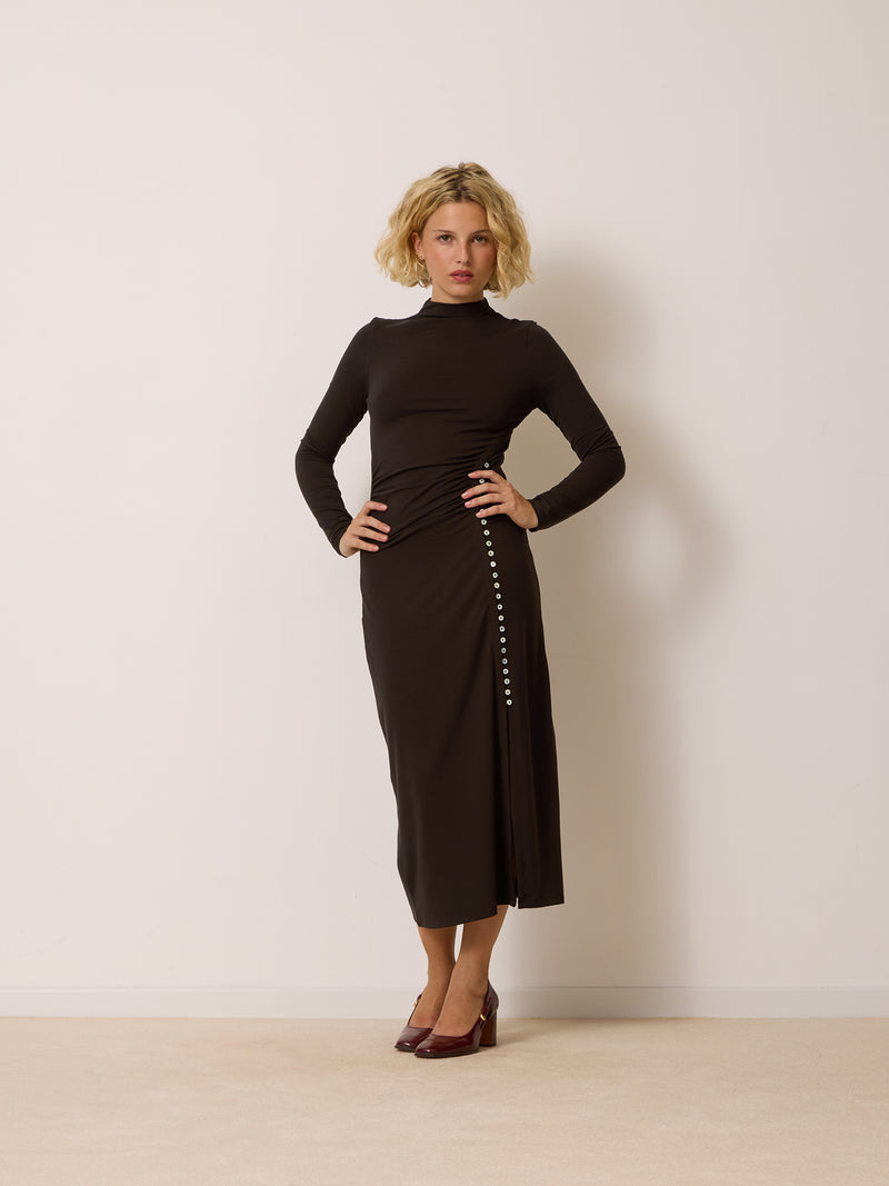 CLOTHILDA chocolate long dress worn on a model by Rouje