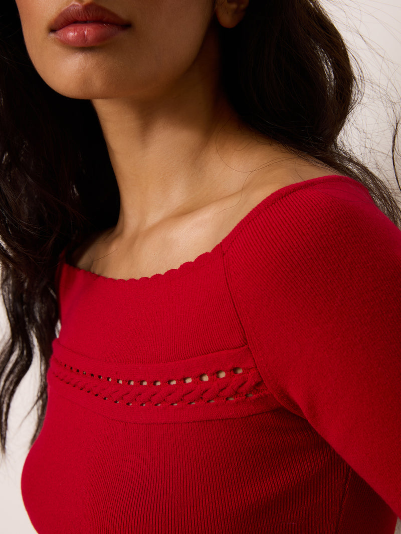 AMBRE red openwork knit bodysuit, detail of scalloped boat neck by Rouje