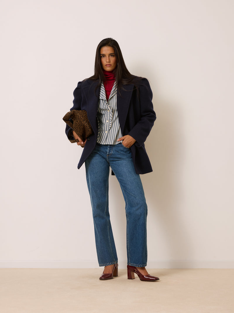 FERNAND navy blue coat worn on a model by Rouje