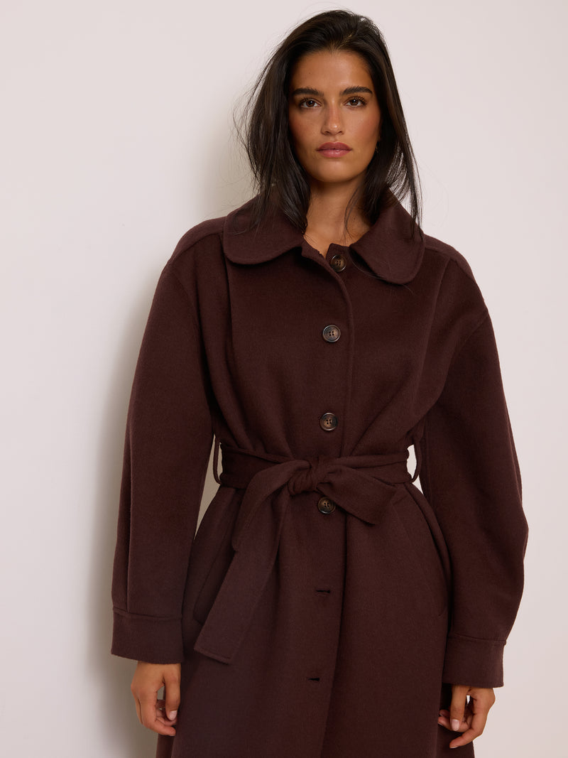 GERARD cachou long coat worn on a model by Rouje