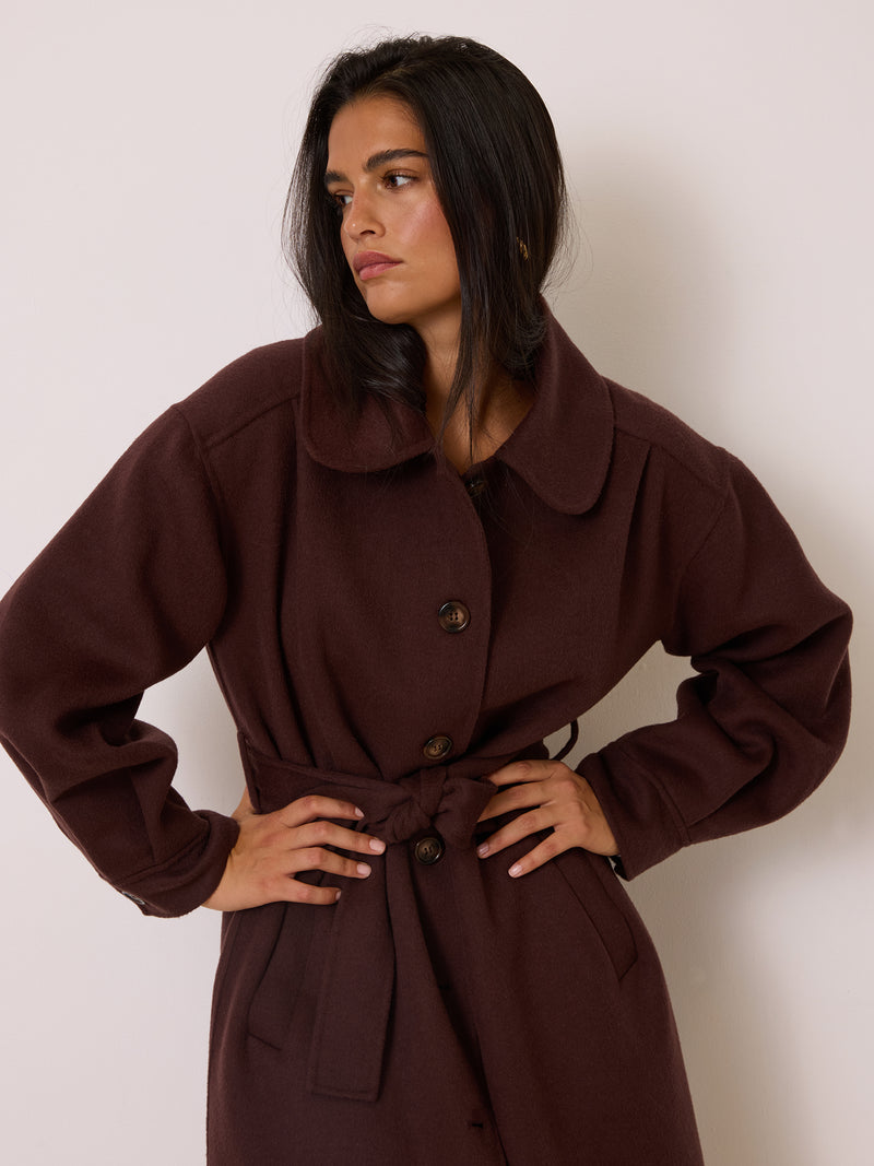 GERARD cachou long belted coat, front view by Rouje