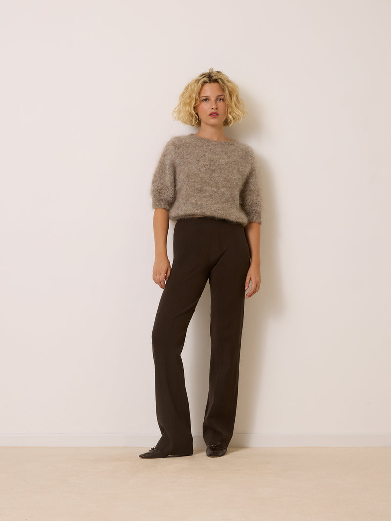 GRACE chocolate wide-leg trousers worn on a model by Rouje