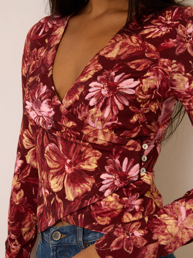 JASMINA bordeaux floral top, back view by Rouje