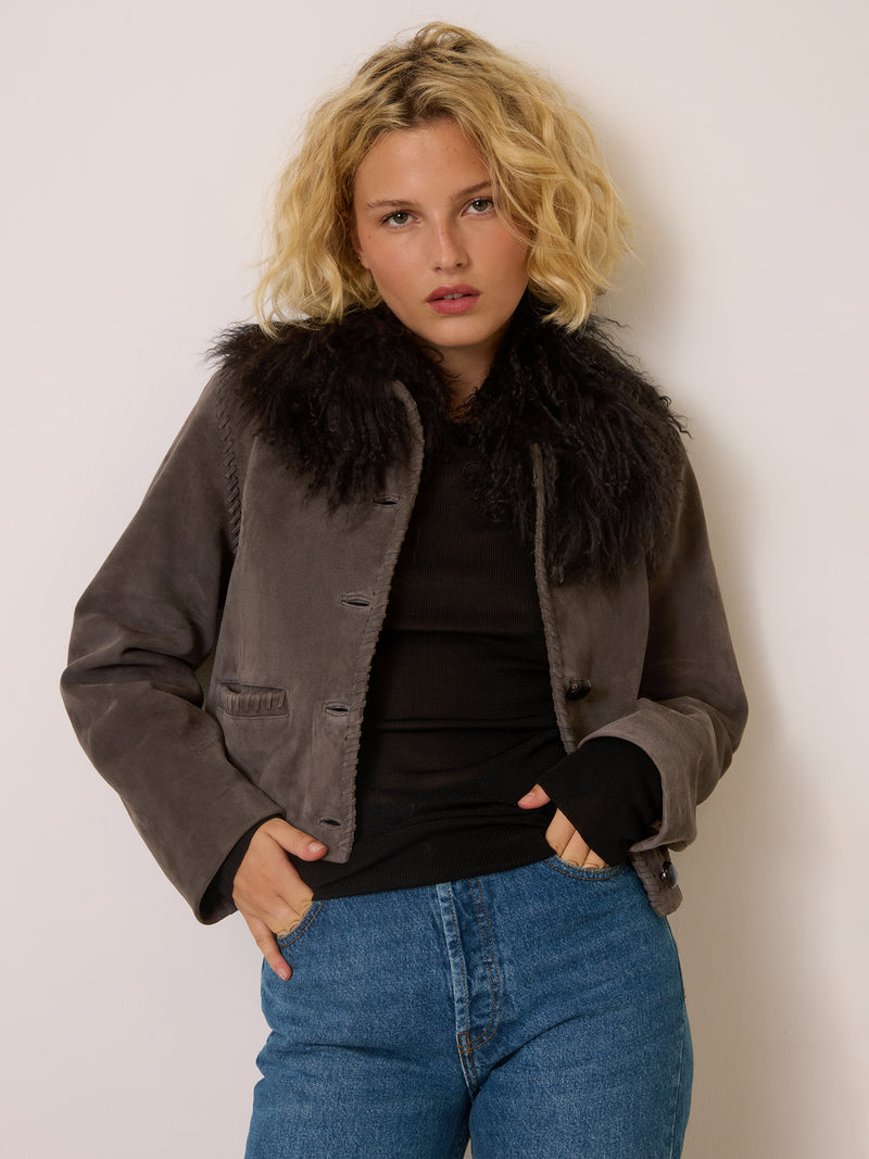 LYS taupe suede structured jacket, side view by Rouje