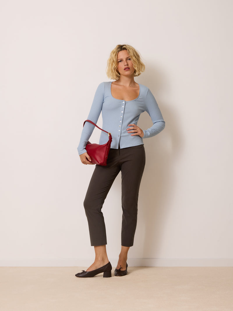 MAUDE misty blue ribbed top, detail of lace trim and pearlescent buttons by Rouje