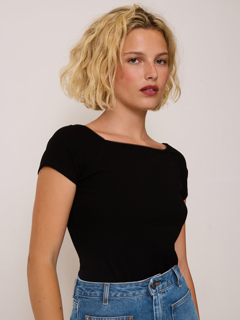MELISSANE black ribbed T-shirt, back view by Rouje