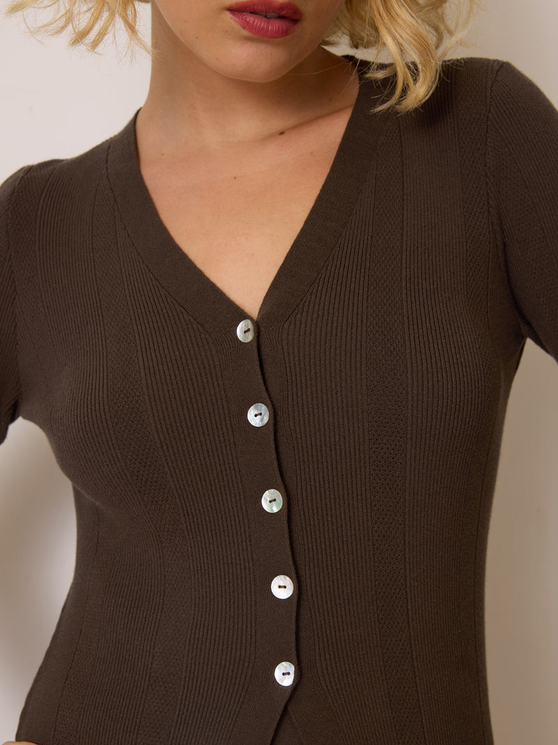 PENNY chocolate knit top worn on a model by Rouje