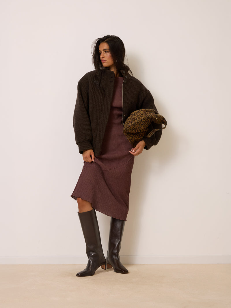 ROMEO brown chevron jacket worn on a model by Rouje