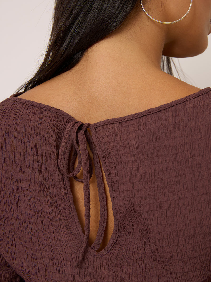 ALEXANDRA cachou crinkle dress, back view by Rouje