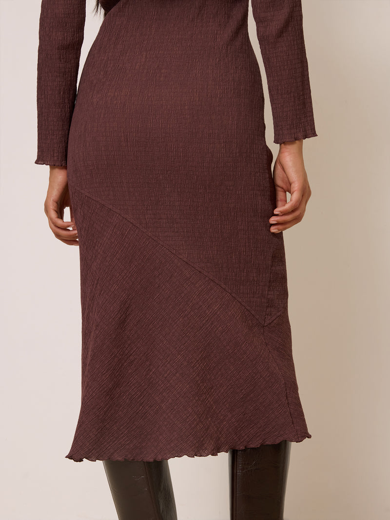 ALEXANDRA cachou crinkle midi dress, side view by Rouje